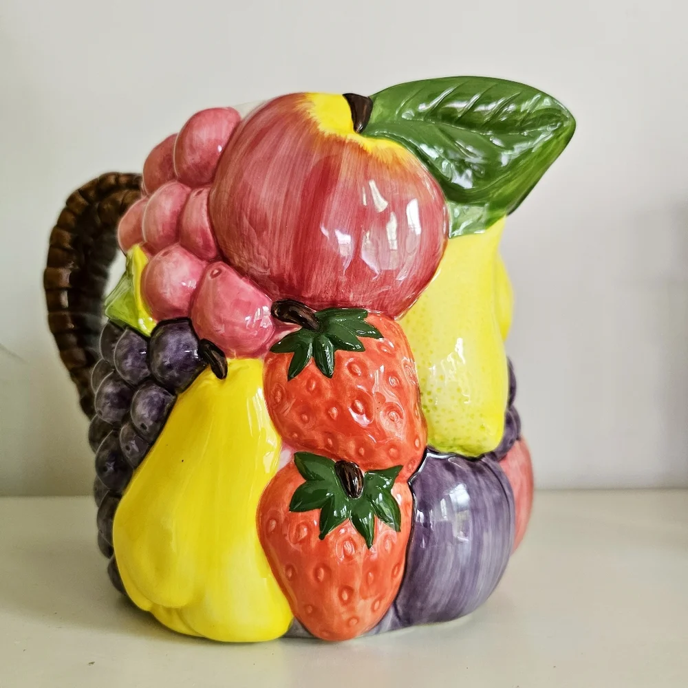 Vintage Handcrafted Pier 1 Imports Majolica Ceramic Fruits Design Pitcher 7